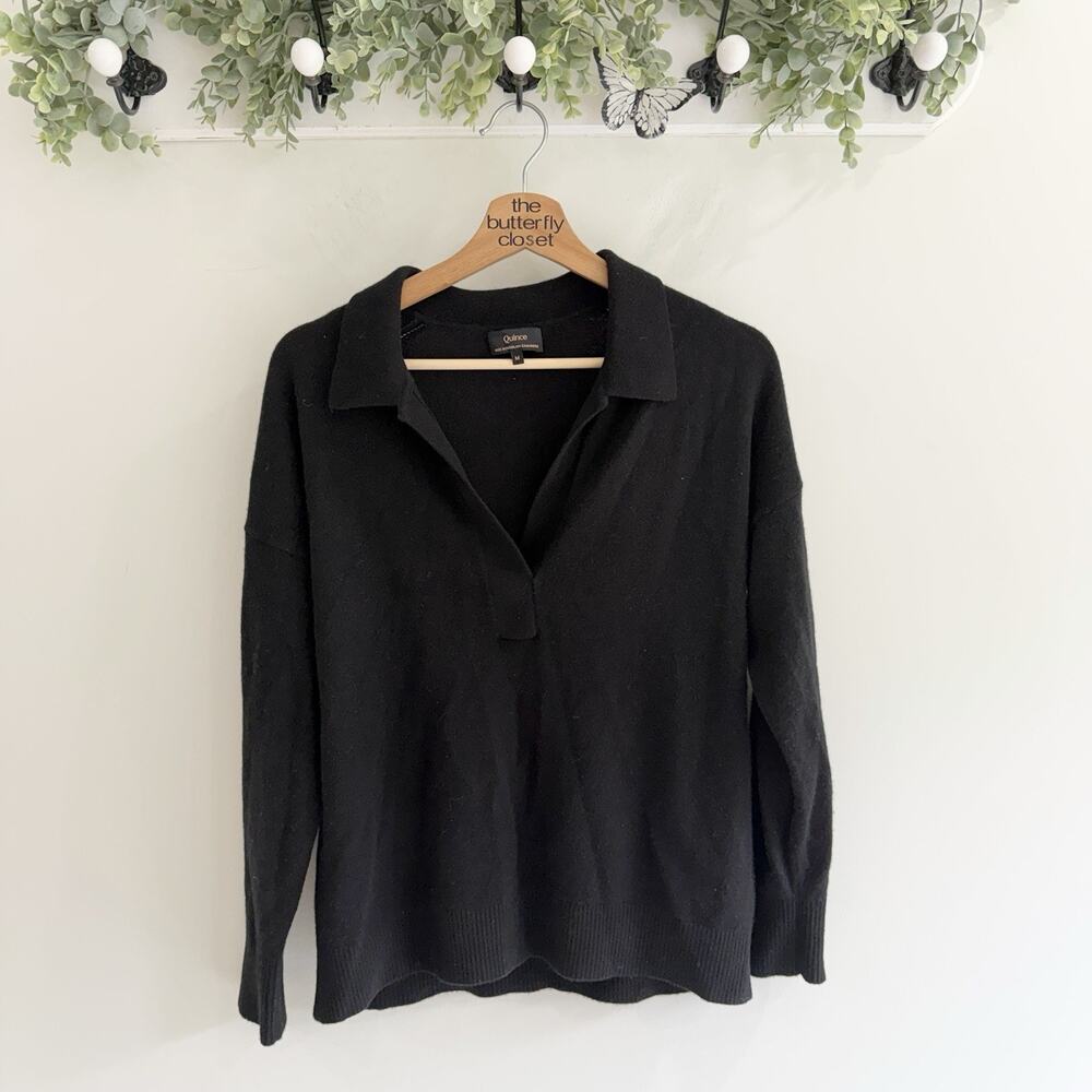 Quince 100% Mongolian Cashmere Collared V Neck Black Sweater Medium SS5816